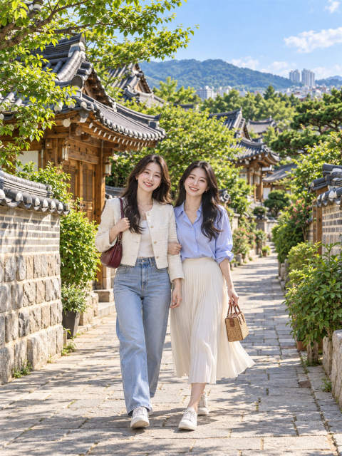 전주 한옥마을에서 즐겁게 여행하는 가상 모델 (AI 연출 이미지)